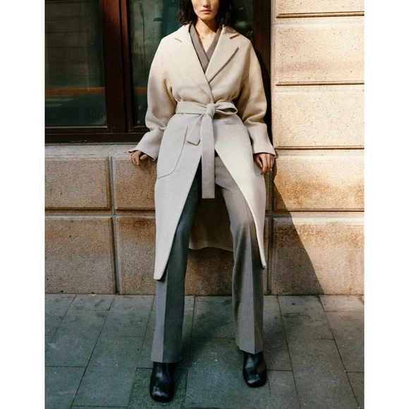 Zara wool blend belted wrap coat cream - Picture 3 of 13